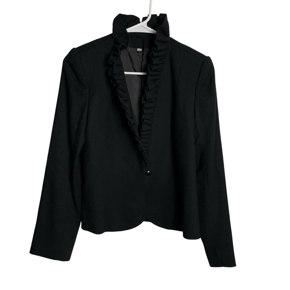 Vintage Peabody House Womens Blazer‎ Jacket 7/8 Black Wool Ruffle Collar Couture